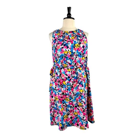 Juicy Couture A-line Blouson Dress Tie Waist Pink Blue Yellow Floral Size XXL - Picture 1 of 7